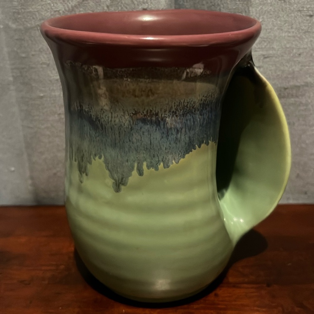 Neher Clay in Motion Hand Warming Mug Green Purple Blue Studio Pottery Ergonomic